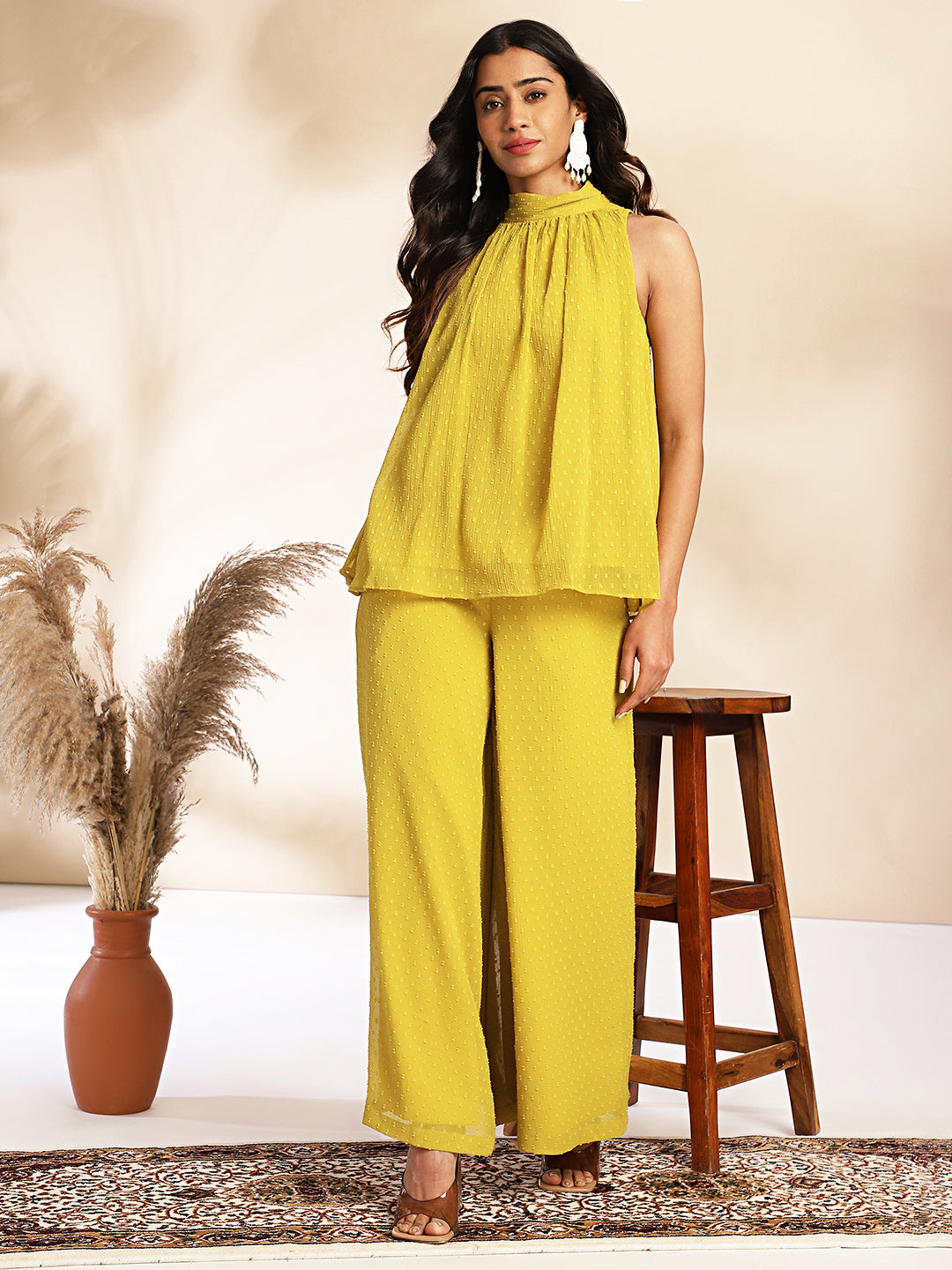 Janasya Yellow Dobby Chiffon Solid Sets | Swadesiicart
