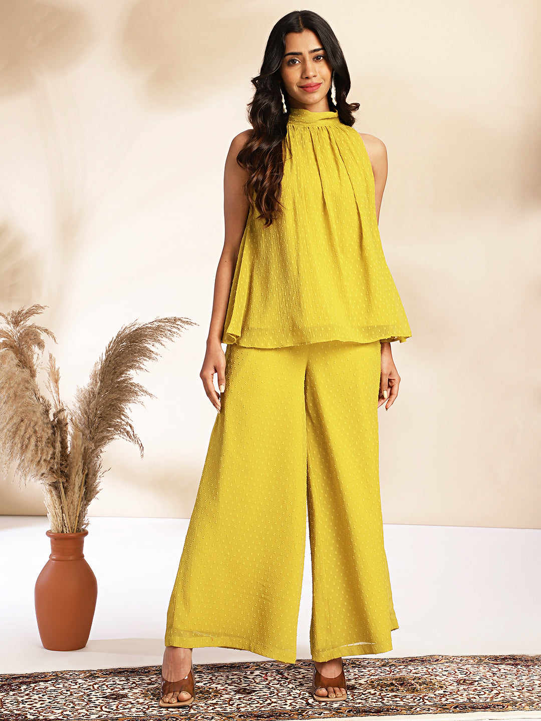Janasya Yellow Dobby Chiffon Solid Sets | Swadesiicart