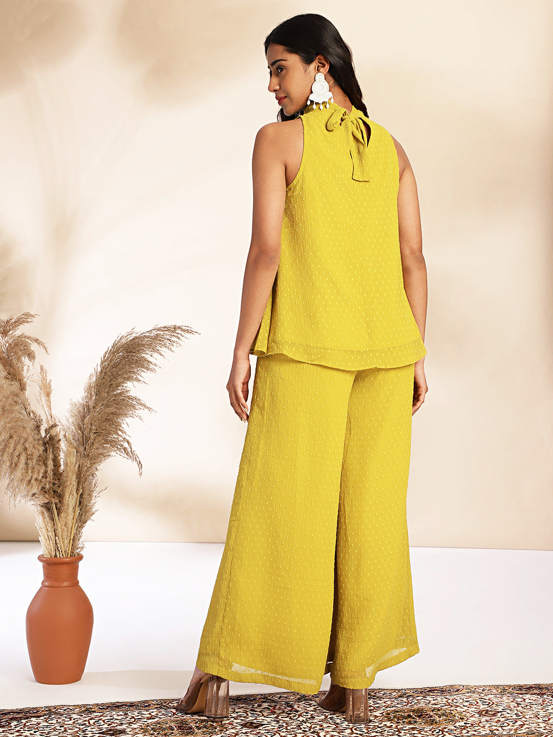 Janasya Yellow Dobby Chiffon Solid Sets | Swadesiicart