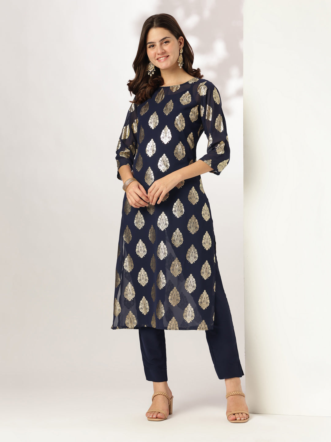 Janasya Dark Georgette Foil Print Straight Kurta Set | Swadesiicart