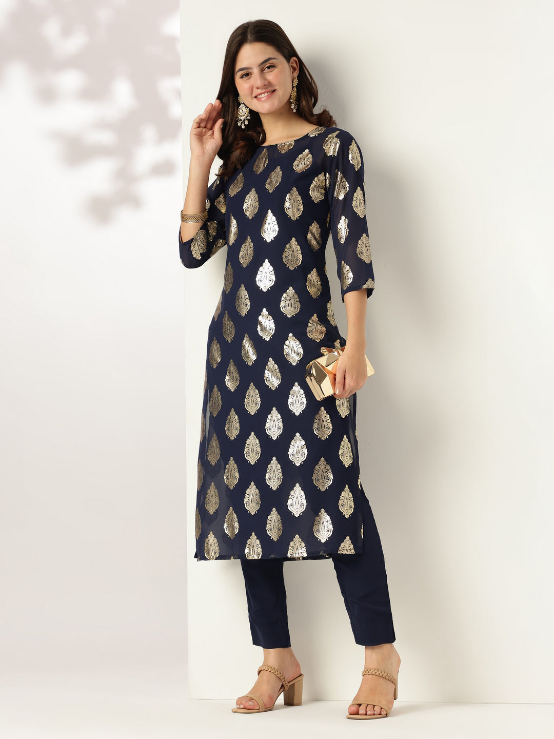 Janasya Dark Georgette Foil Print Straight Kurta Set | Swadesiicart