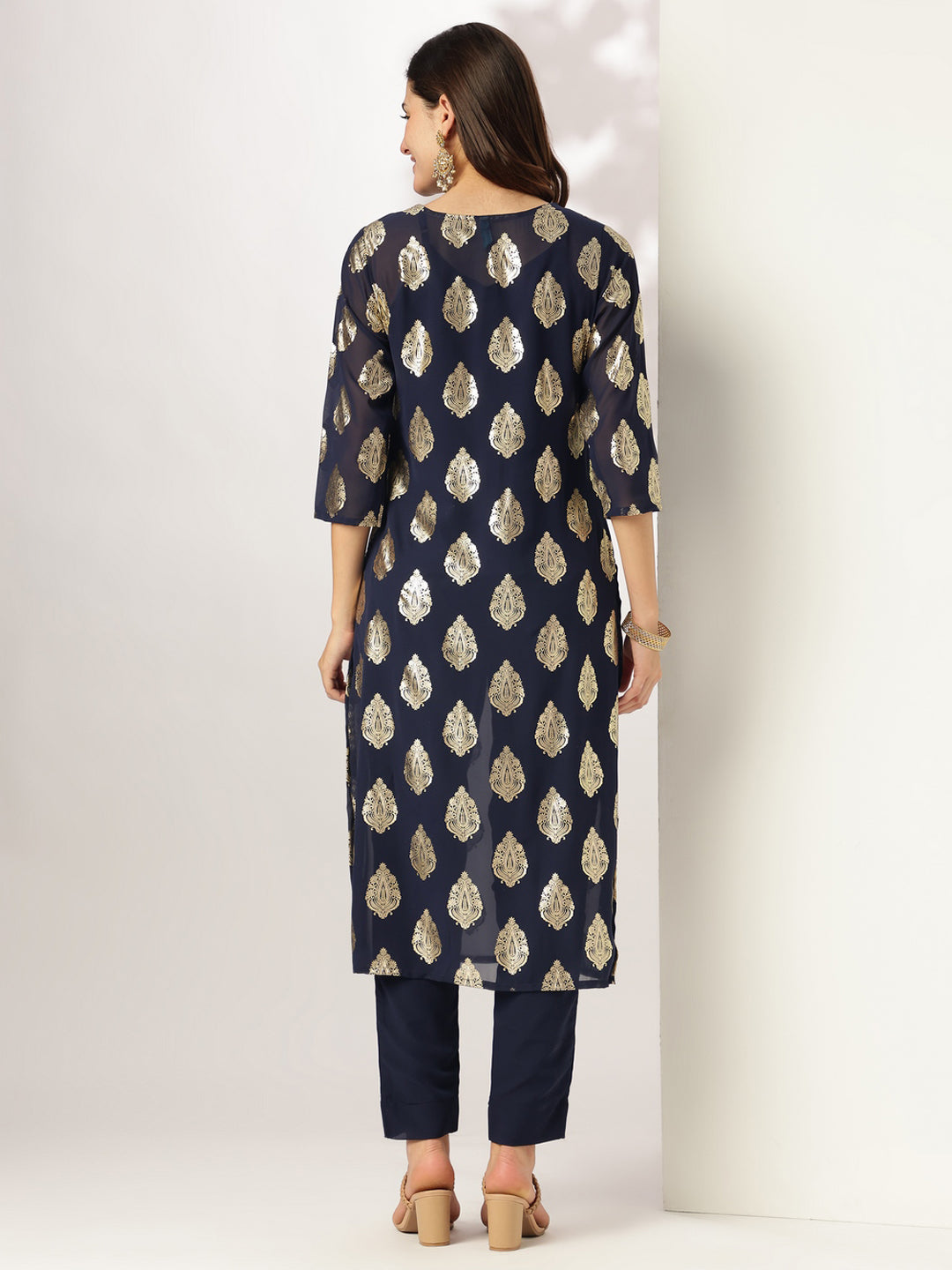 Janasya Dark Georgette Foil Print Straight Kurta Set | Swadesiicart
