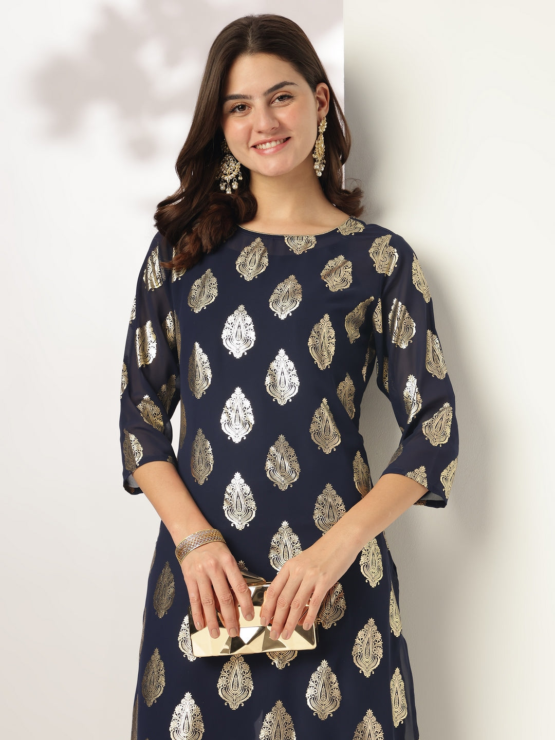 Janasya Dark Georgette Foil Print Straight Kurta Set | Swadesiicart