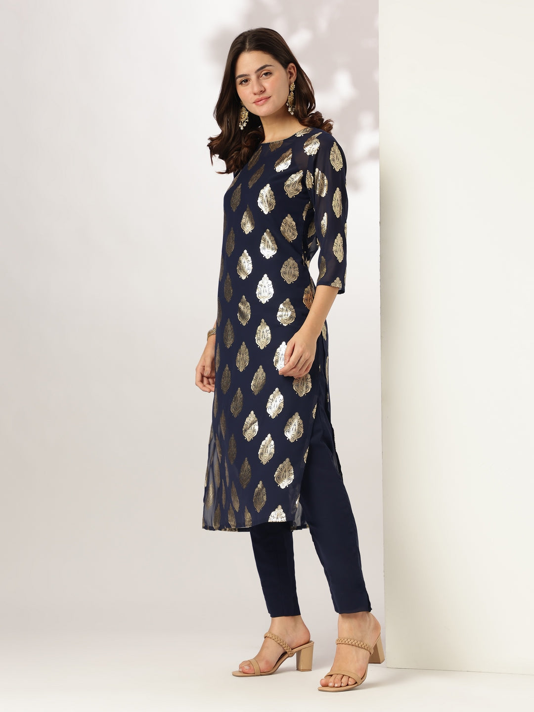 Janasya Dark Georgette Foil Print Straight Kurta Set | Swadesiicart