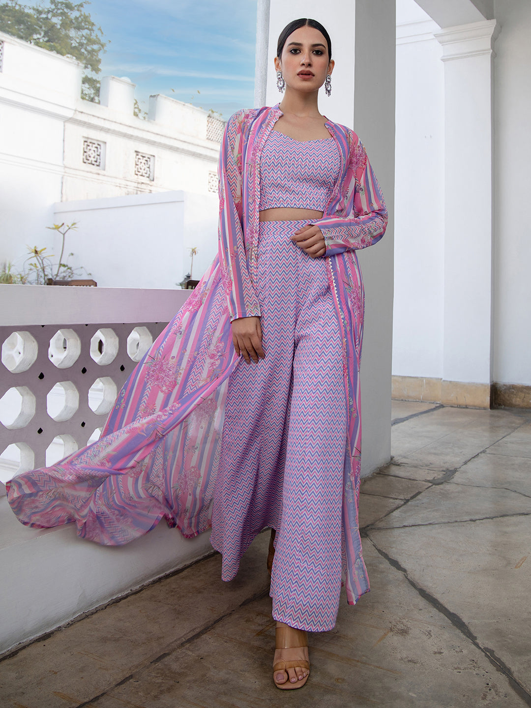 Janasya Lavender Georgette Chevron Regular Co-ord Set - Swadesiicart