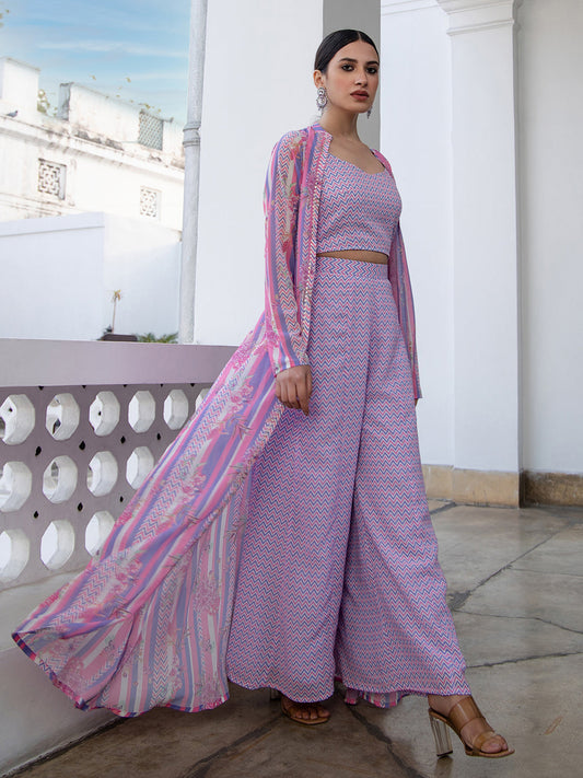 Janasya Lavender Georgette Chevron Regular Co-ord Set - Swadesiicart