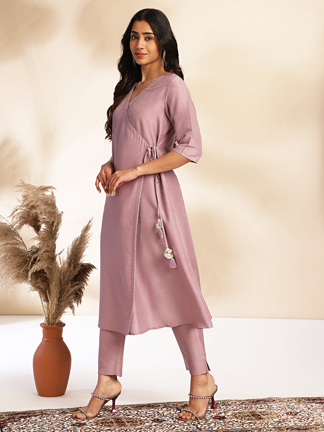 Janasya Lavender Chinnon Solid Wrap Kurta Set | Swadesiicart