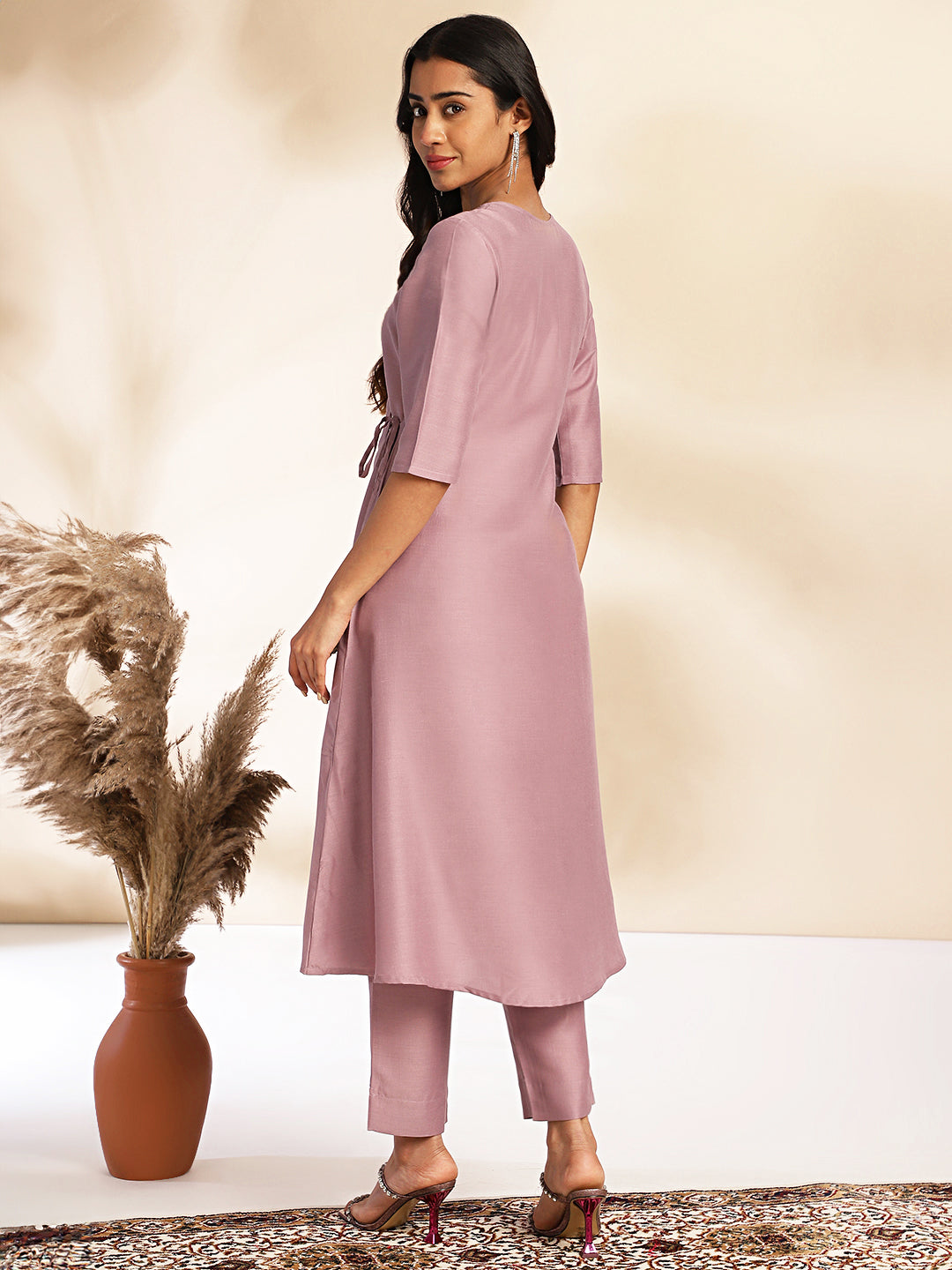 Janasya Lavender Chinnon Solid Wrap Kurta Set | Swadesiicart