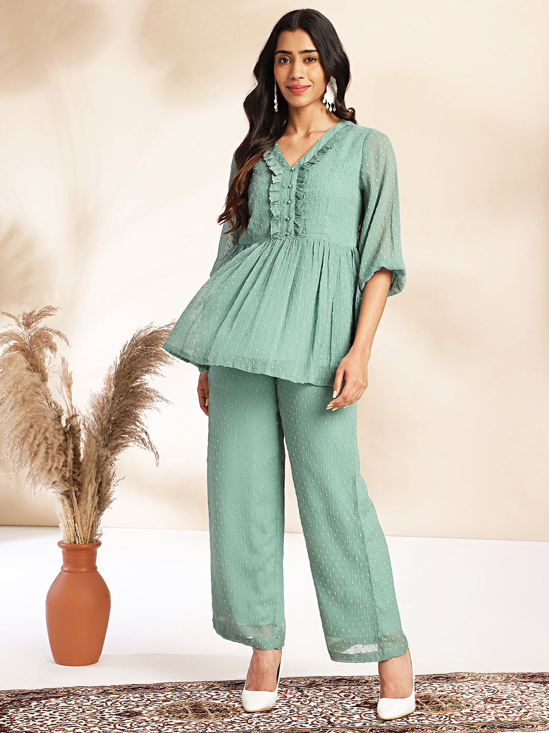 Janasya Sage Dobby Chiffon Woven Design Peplum Top & Bottom Set | Swadesiicart