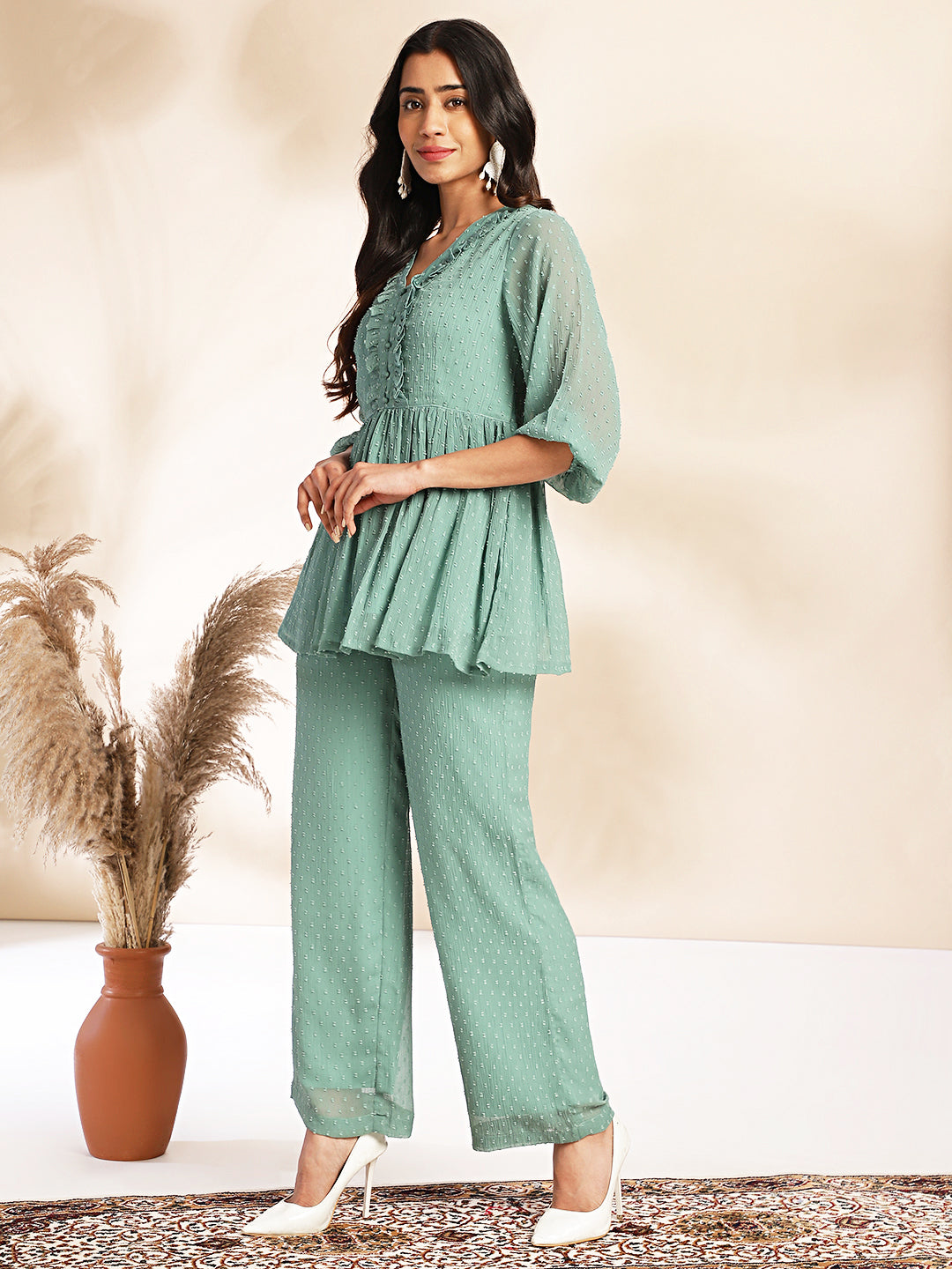 Janasya Sage Dobby Chiffon Woven Design Peplum Top & Bottom Set | Swadesiicart