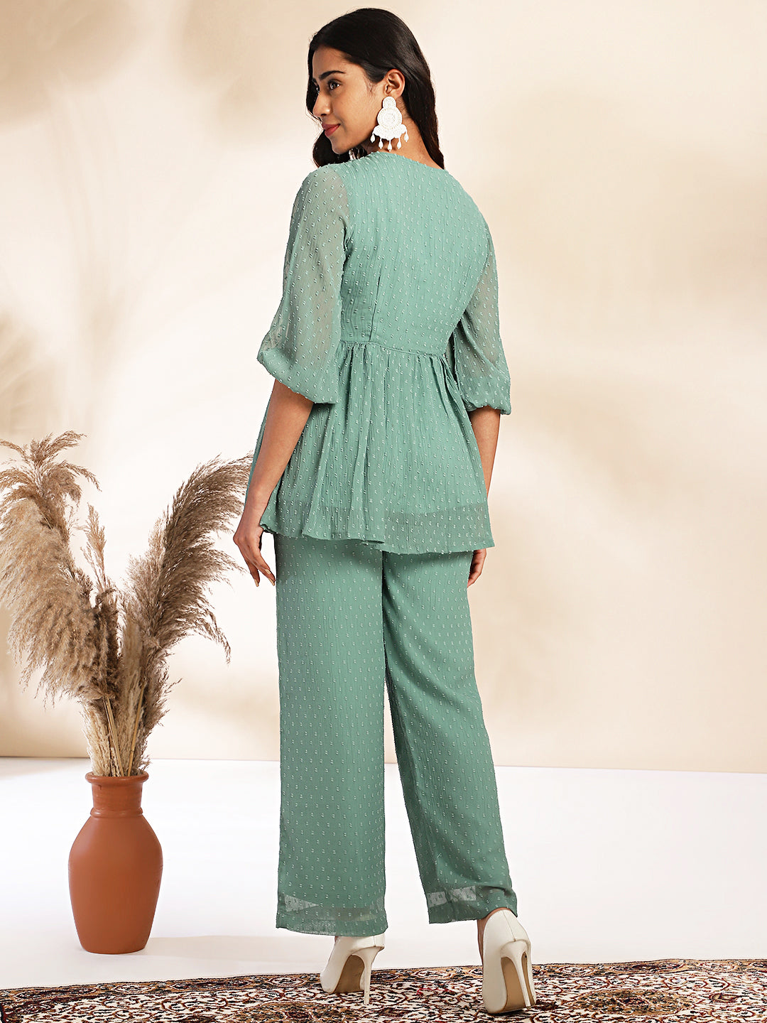 Janasya Sage Dobby Chiffon Woven Design Peplum Top & Bottom Set | Swadesiicart