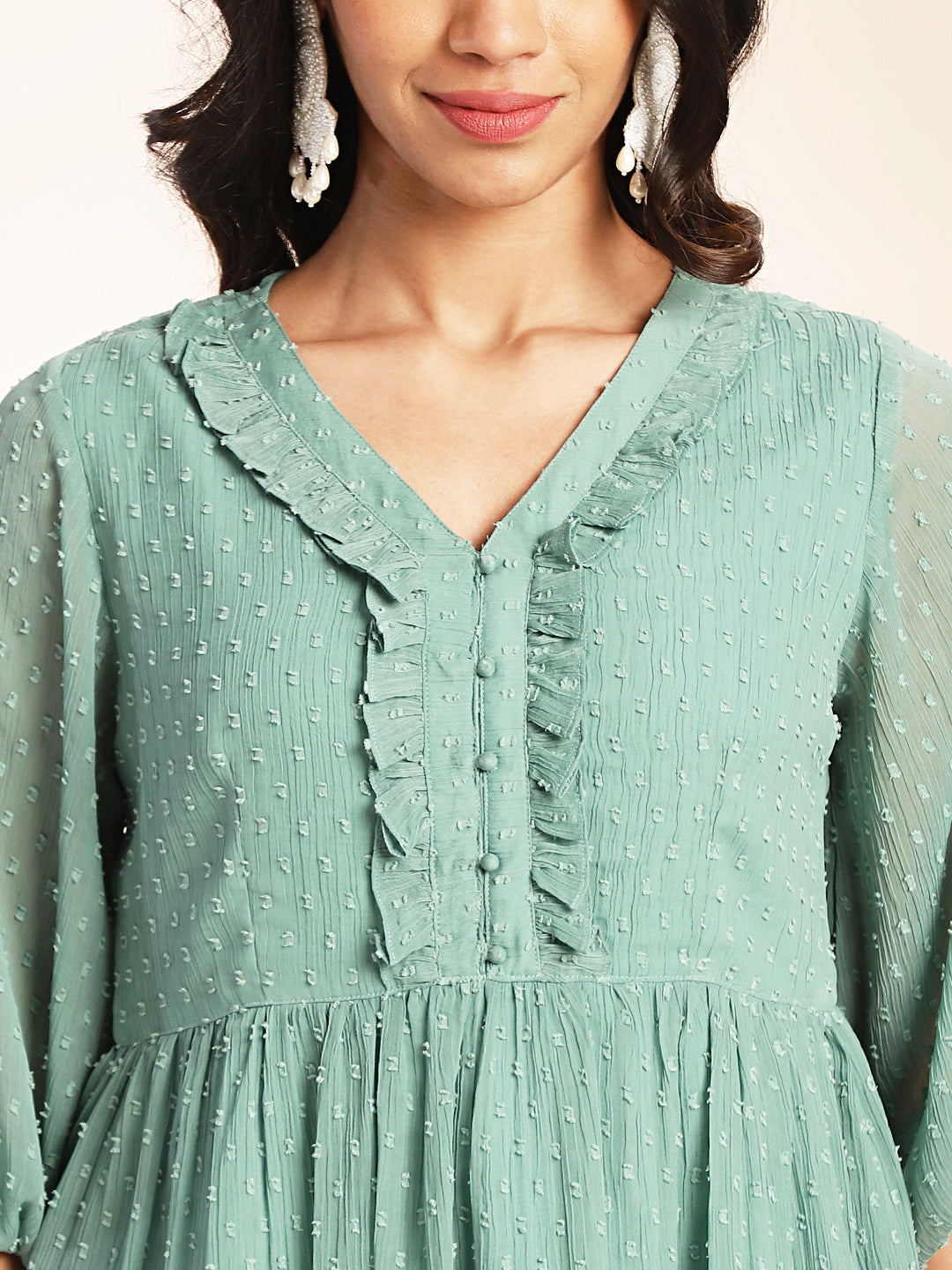 Janasya Sage Dobby Chiffon Woven Design Peplum Top & Bottom Set | Swadesiicart