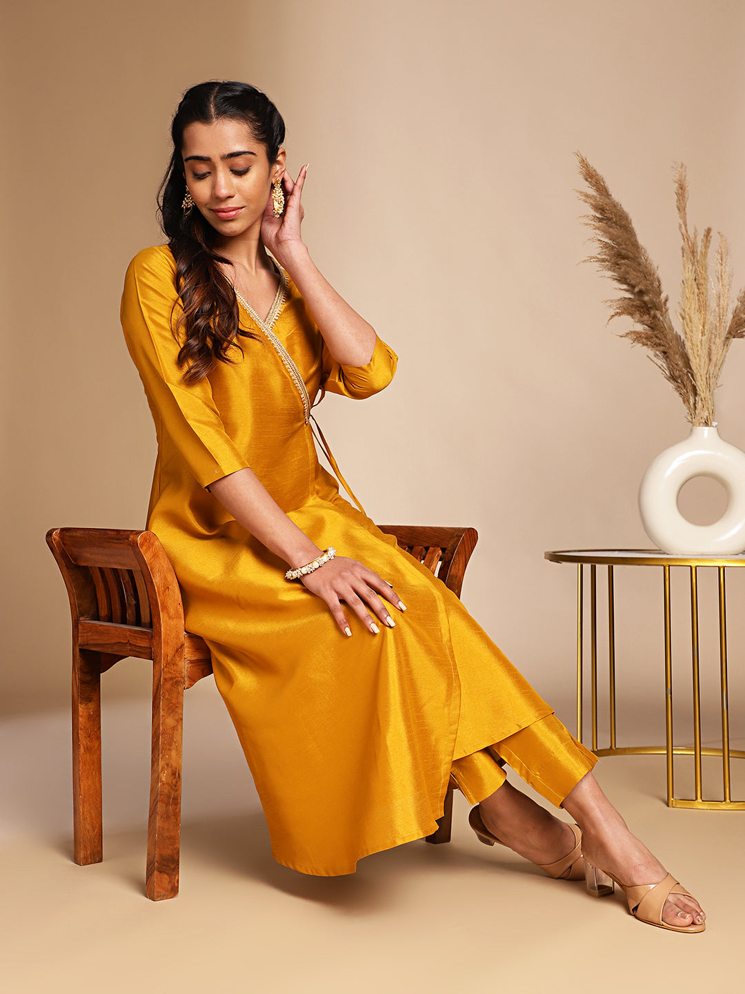 Janasya Mustard Crepe Silk Solid Wrap Kurta Set | Swadesiicart