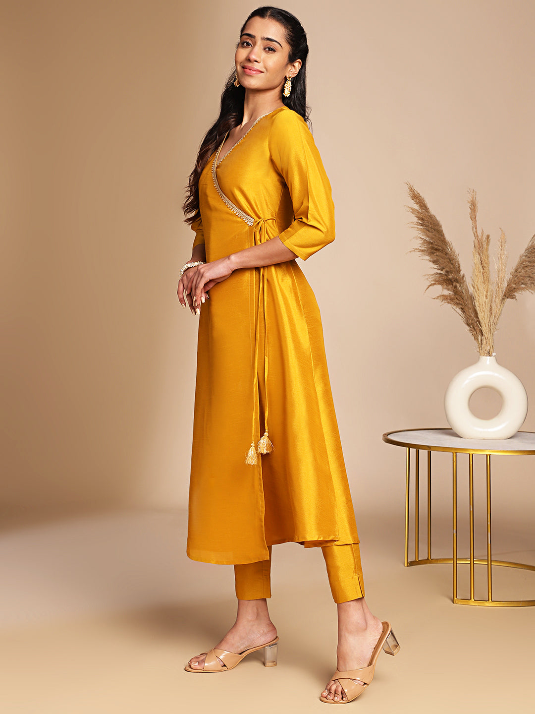 Janasya Mustard Crepe Silk Solid Wrap Kurta Set | Swadesiicart