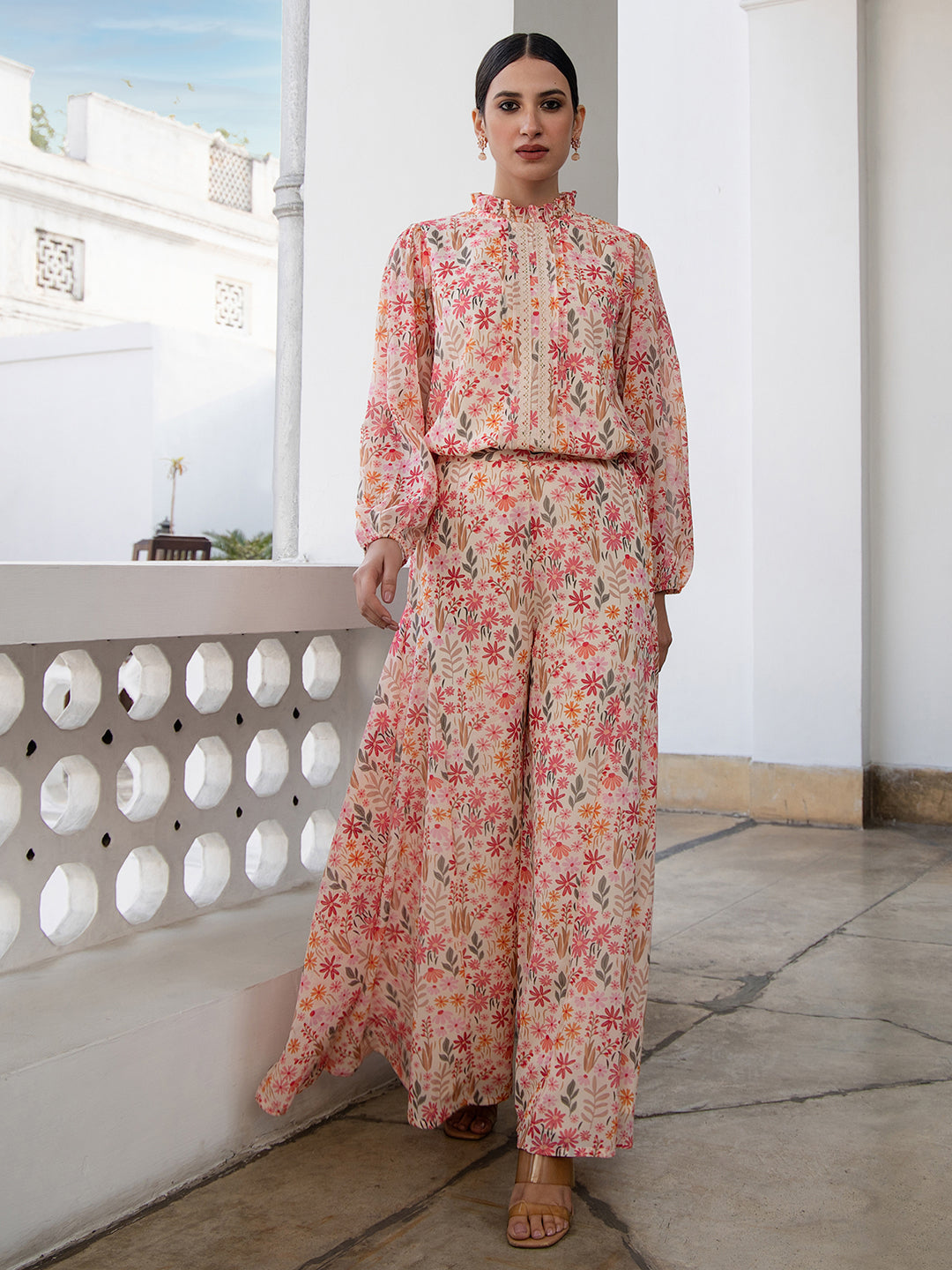 Janasya Beige Georgette Floral Regular Top & Bottom Set | Swadesiicart