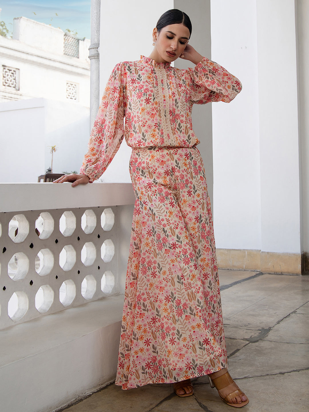 Janasya Beige Georgette Floral Regular Top & Bottom Set | Swadesiicart