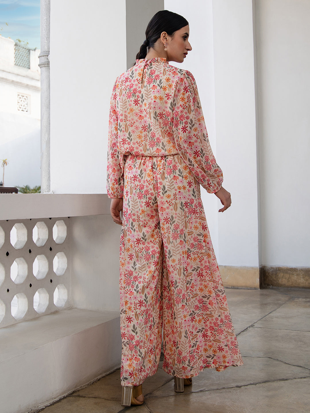 Janasya Beige Georgette Floral Regular Top & Bottom Set | Swadesiicart