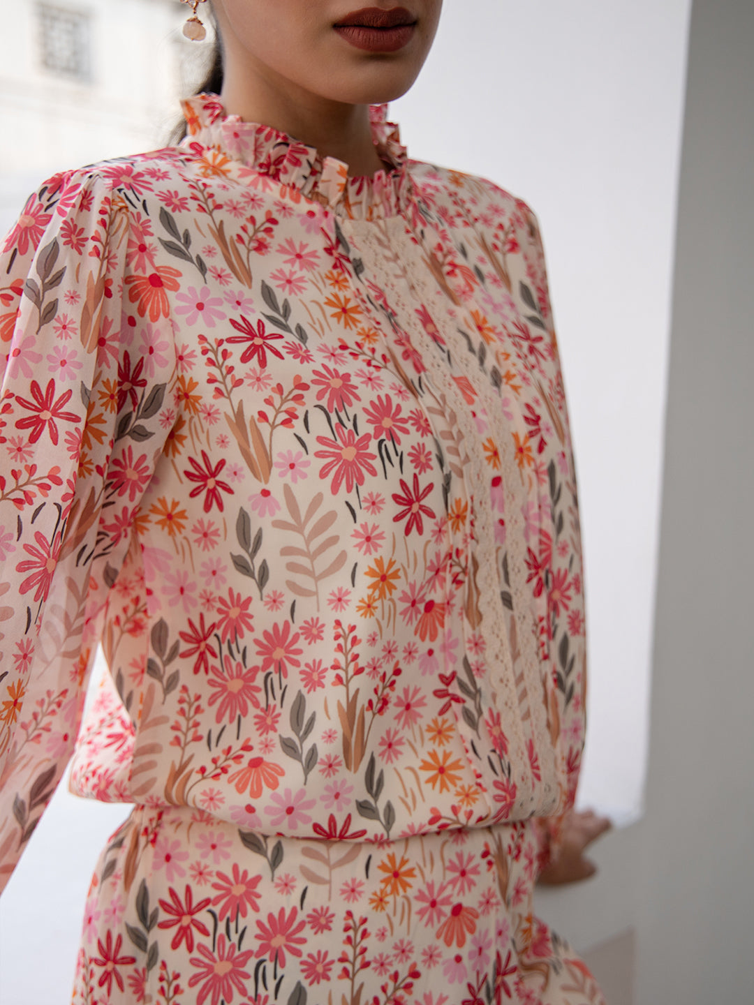 Janasya Beige Georgette Floral Regular Top & Bottom Set | Swadesiicart