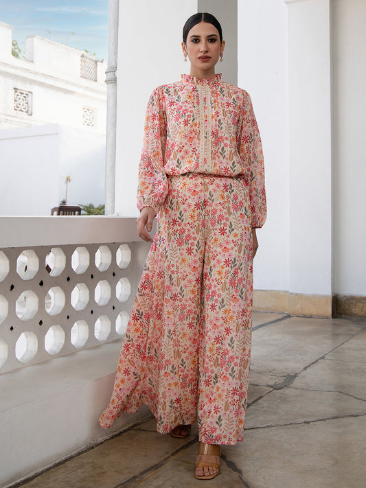 Janasya Beige Georgette Floral Regular Top & Bottom Set | Swadesiicart