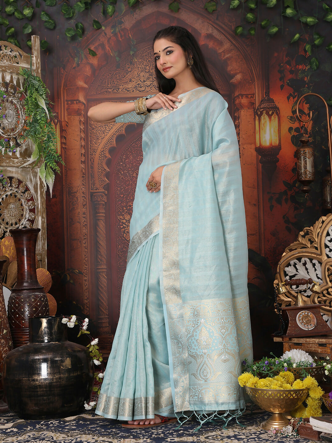 Shree Shyam Fashion Organza Sky Blue Saree