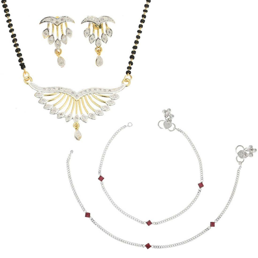 AanyaCentric Gold-Polished Mangalsutra Pendant Earring Set & Silver Plated Anklet