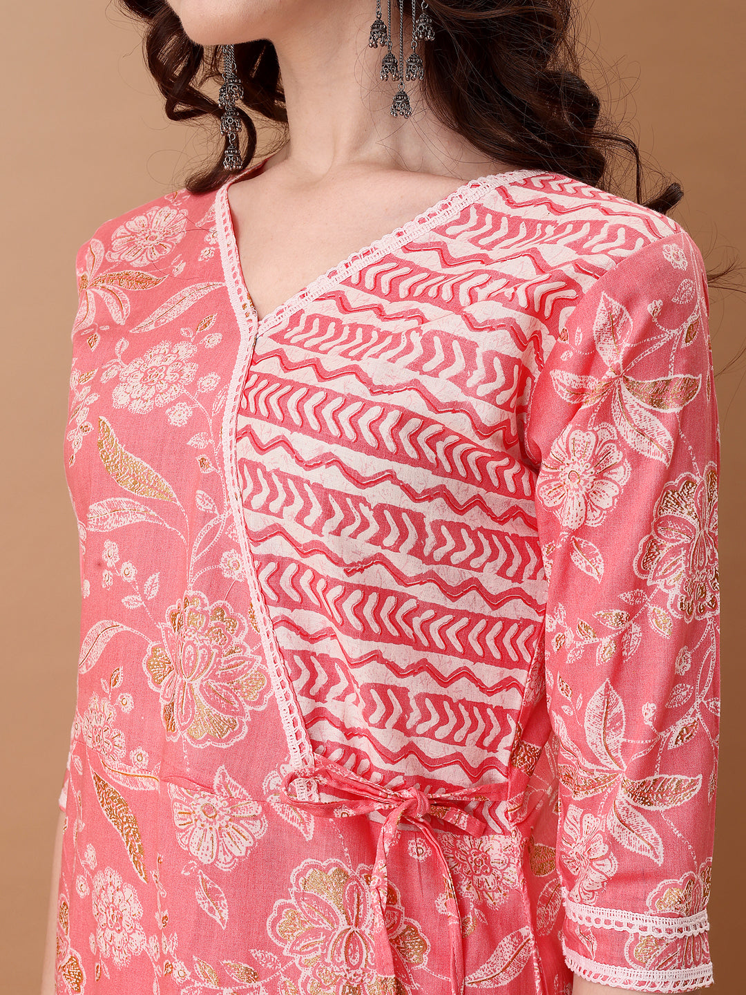 Angrakha Style Floral Printed A-Line Kurta With Pant & Dupatta, Pink - Hiral Fashion