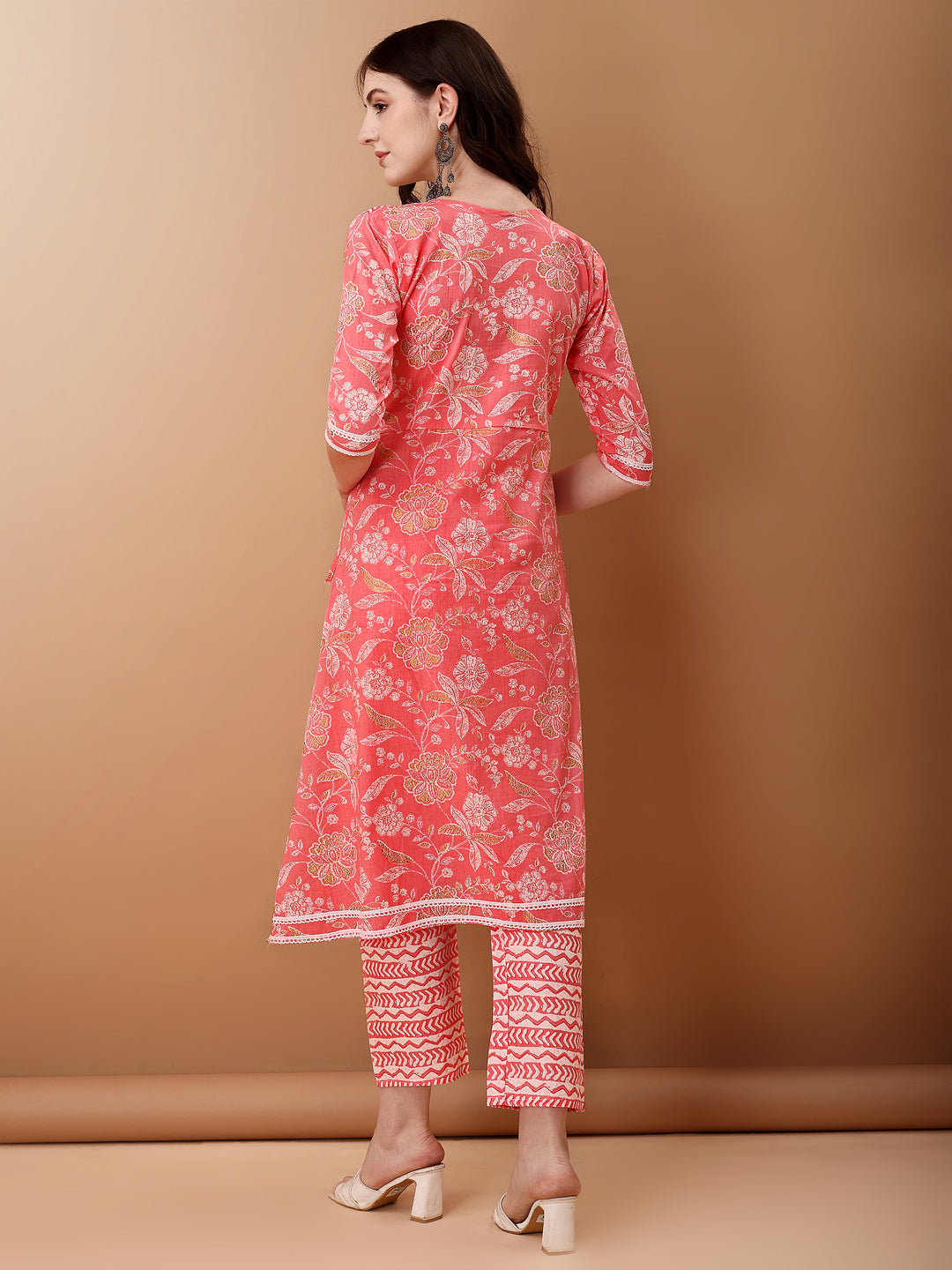 Angrakha Style Floral Printed A-Line Kurta With Pant & Dupatta, Pink - Hiral Fashion