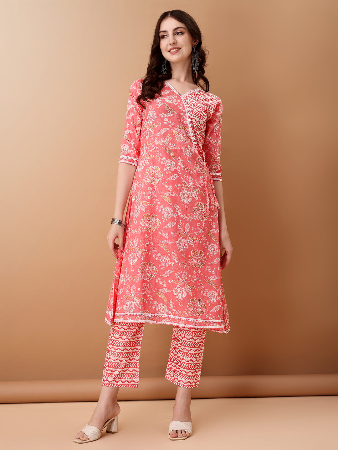 Angrakha Style Floral Printed A-Line Kurta With Pant & Dupatta, Pink - Hiral Fashion