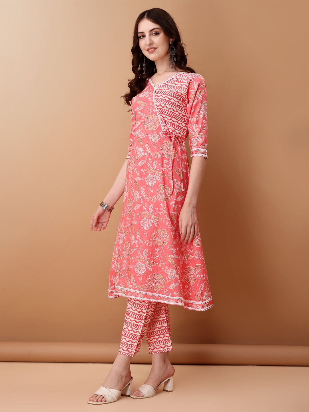 Angrakha Style Floral Printed A-Line Kurta With Pant & Dupatta, Pink - Hiral Fashion