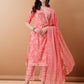 Angrakha Style Floral Printed A-Line Kurta With Pant & Dupatta, Pink - Hiral Fashion