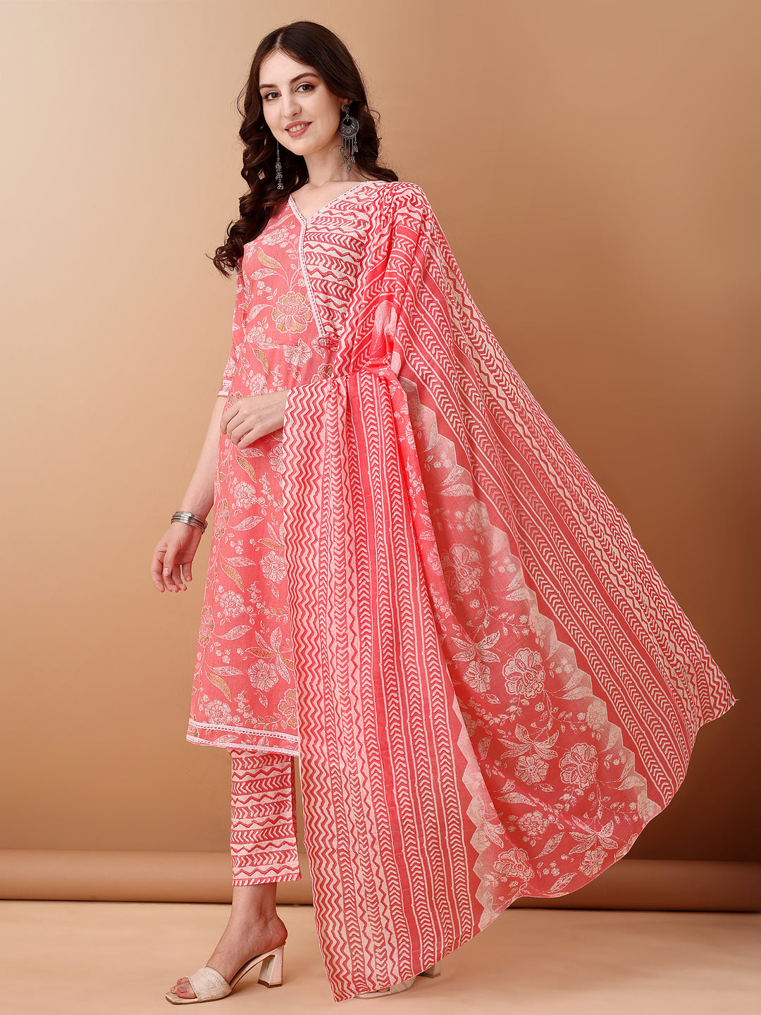Angrakha Style Floral Printed A-Line Kurta With Pant & Dupatta, Pink - Hiral Fashion