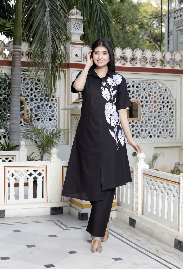 Miravan Women's Black Pure Cotton Floral Embroidered High Low Co-Ord Set - Swadesiicart