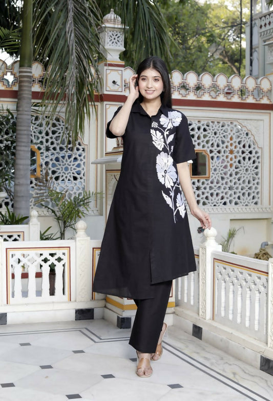Miravan Women's Black Pure Cotton Floral Embroidered High Low Co-Ord Set - Swadesiicart