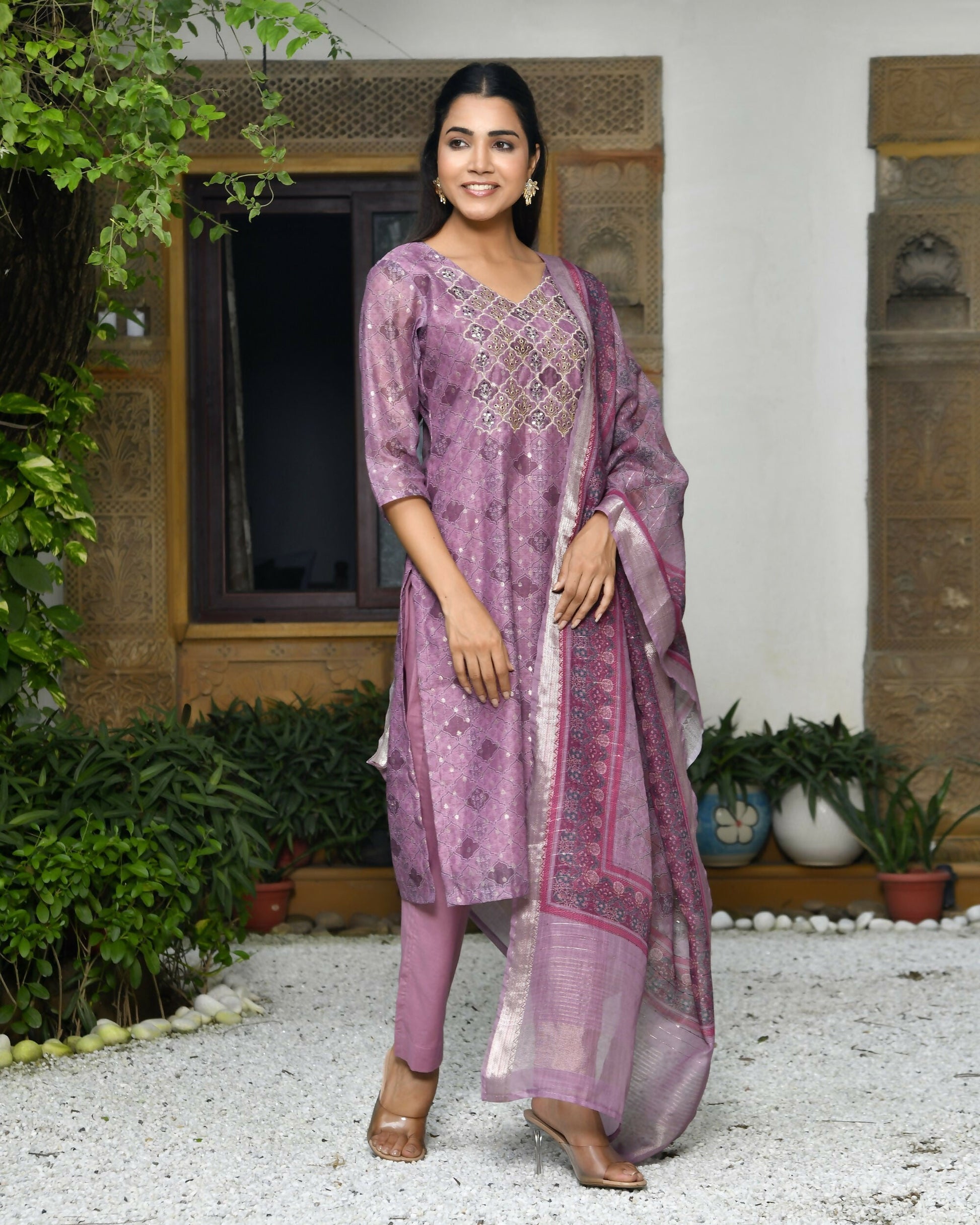 Vaasva Women's Chanderi Printed Suit Set With Pant And Printed Dupatta | Swadesiicart