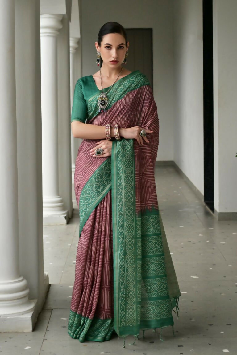 Vishnu Weaves Women's Green Soft Tussar Silk Printed Saree with Blouse - Swadesiicart