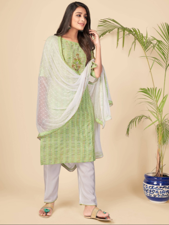 NOZ2TOZ Women's Printed & Hand Work Straight Cotton Parrot Green Kurta Pant With Dupatta (3Pcs Set) - Swadesiicart