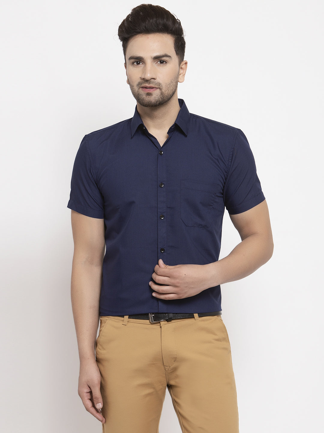 Jainish Navy Men's Cotton Half Sleeves Solid Formal Shirts ( SF 754Navy ) | Swadesiicart