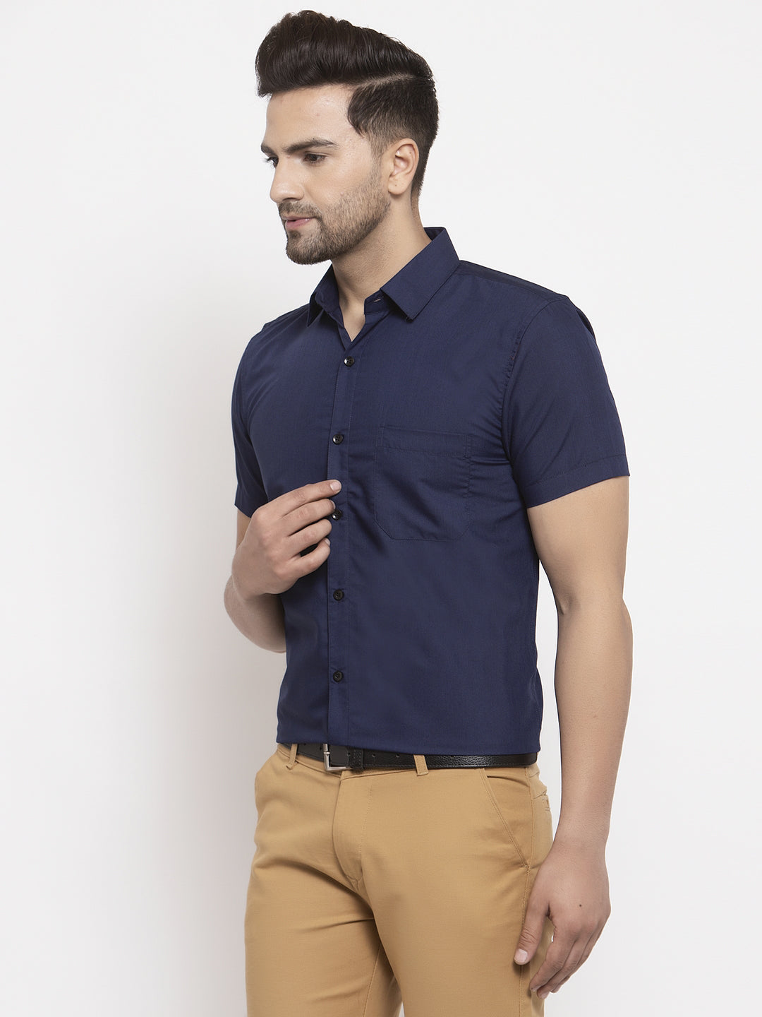 Jainish Navy Men's Cotton Half Sleeves Solid Formal Shirts ( SF 754Navy ) | Swadesiicart