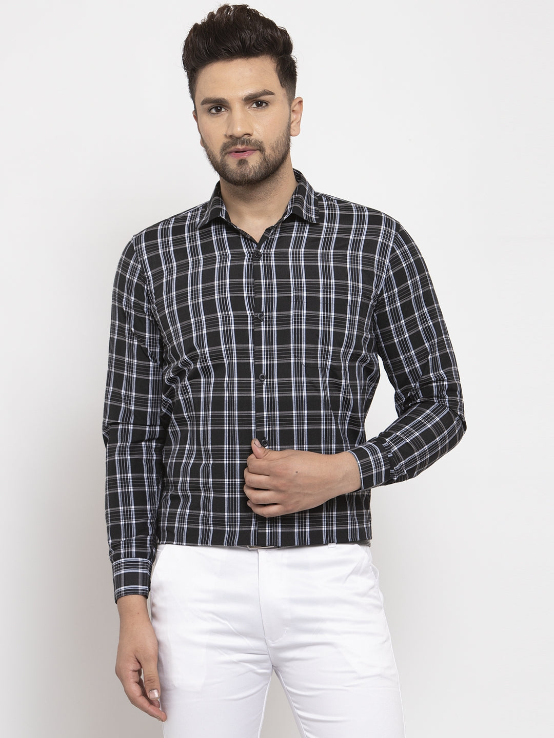 Jainish Black Men's Cotton Checked Formal Shirt's ( SF 764Black ) | Swadesiicart