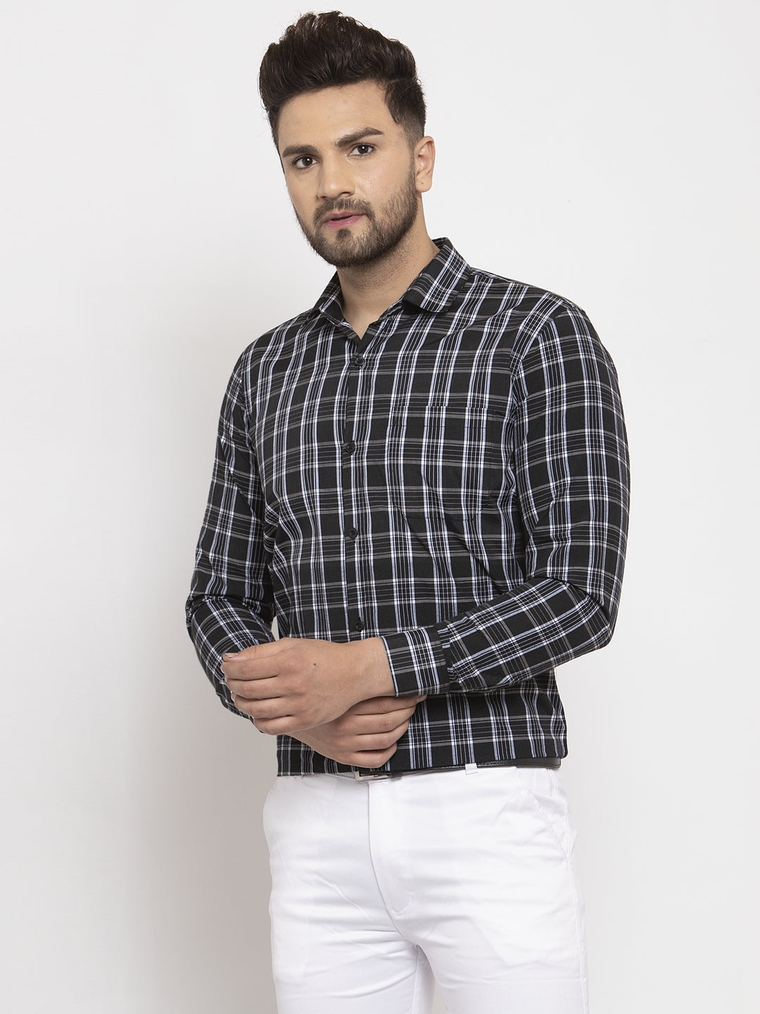 Jainish Black Men's Cotton Checked Formal Shirt's ( SF 764Black ) | Swadesiicart