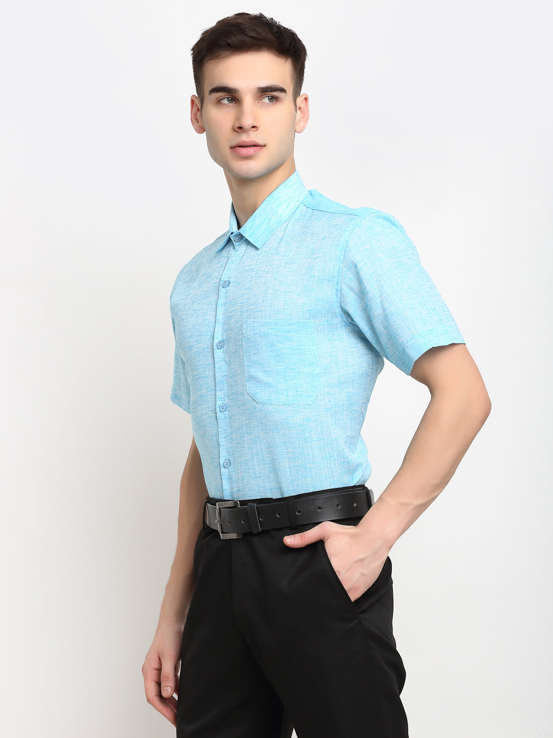 Jainish Blue Men's Solid Cotton Half Sleeves Formal Shirt ( SF 783Sky ) | Swadesiicart