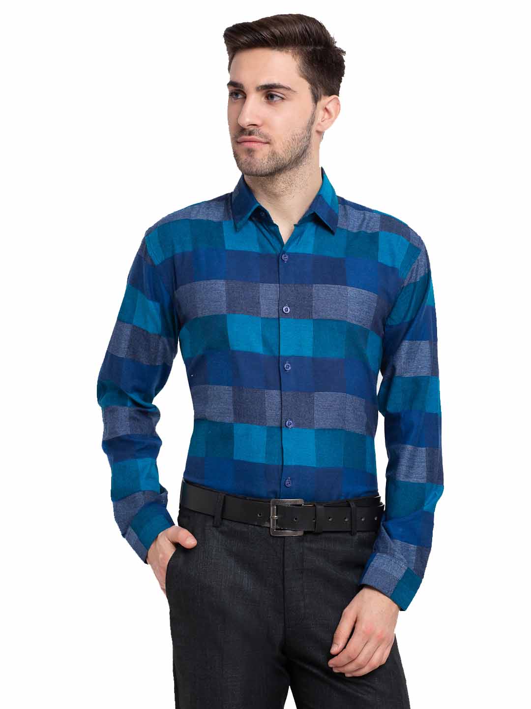 Jainish Blue Men's Checked Cotton Formal Shirt ( SF 787Blue ) | Swadesiicart