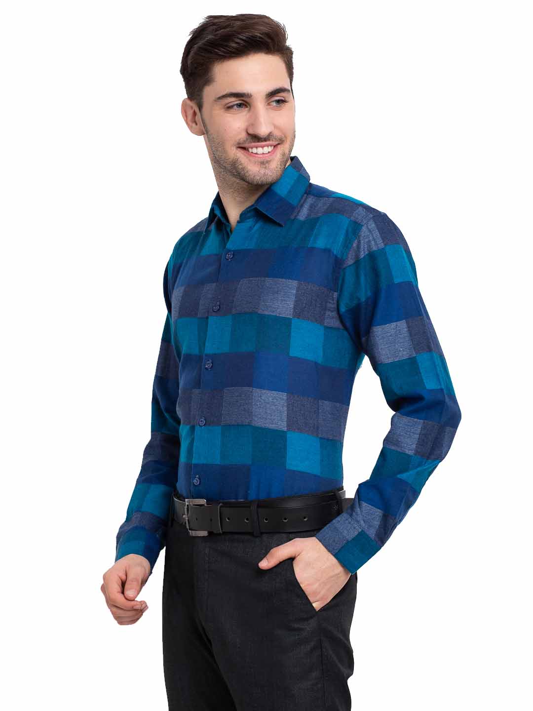 Jainish Blue Men's Checked Cotton Formal Shirt ( SF 787Blue ) | Swadesiicart