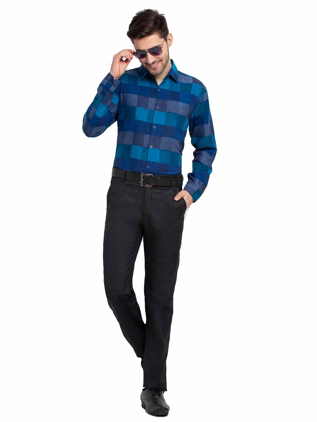 Jainish Blue Men's Checked Cotton Formal Shirt ( SF 787Blue ) | Swadesiicart