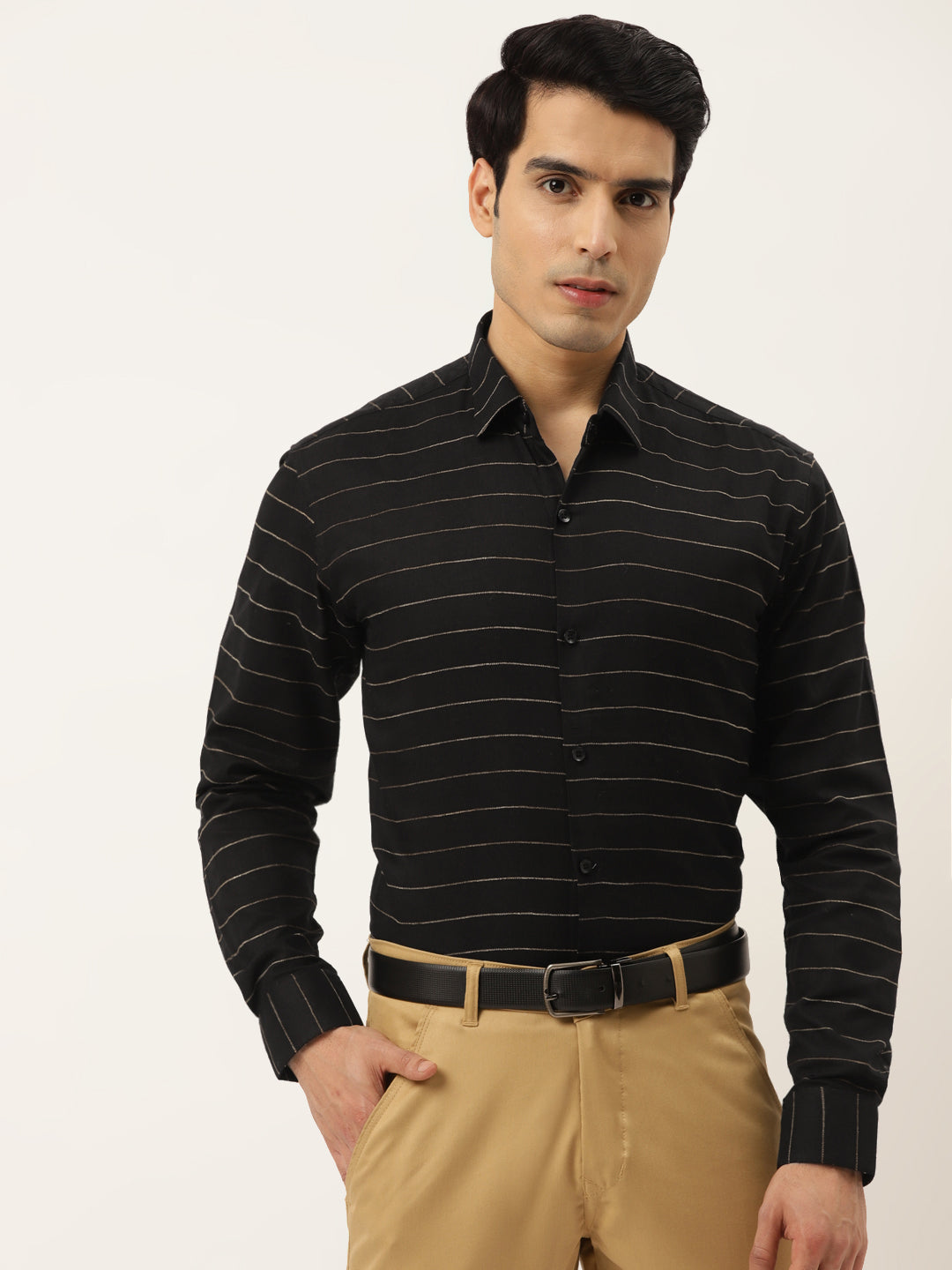 Jainish Men's Formal Cotton Horizontal Striped Shirt ( SF 790Black ) | Swadesiicart