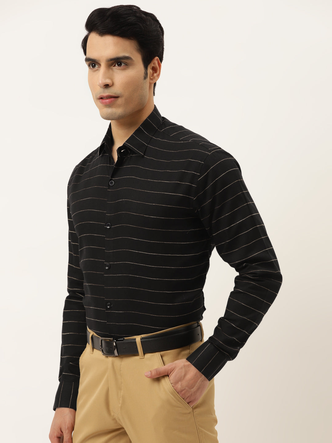 Jainish Men's Formal Cotton Horizontal Striped Shirt ( SF 790Black ) | Swadesiicart