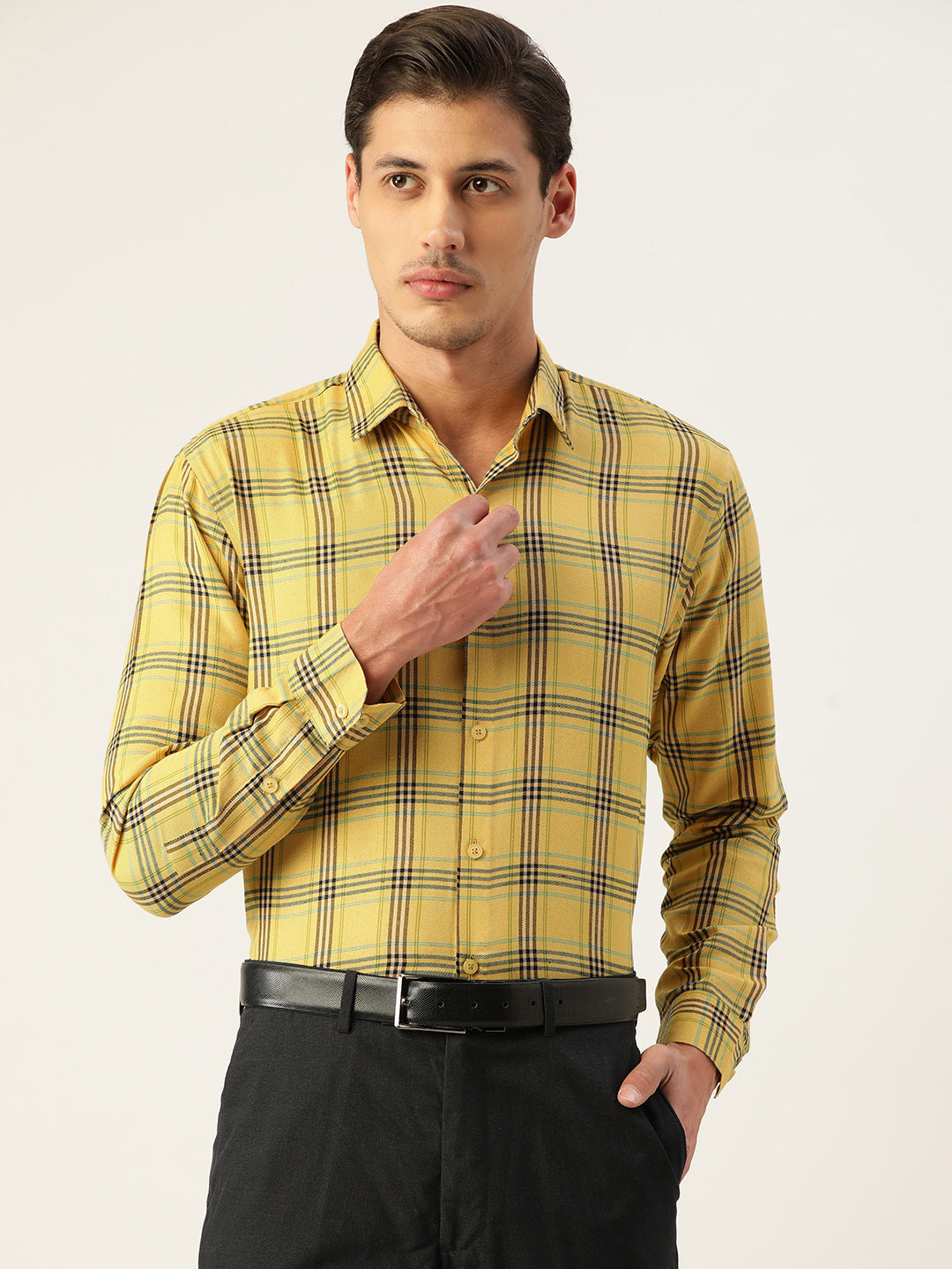 Jainish Men's Cotton Checked Formal Shirts ( SF 793Yellow ) | Swadesiicart