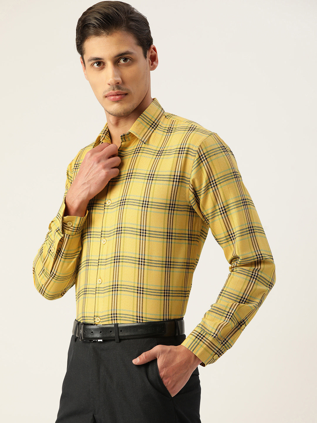 Jainish Men's Cotton Checked Formal Shirts ( SF 793Yellow ) | Swadesiicart
