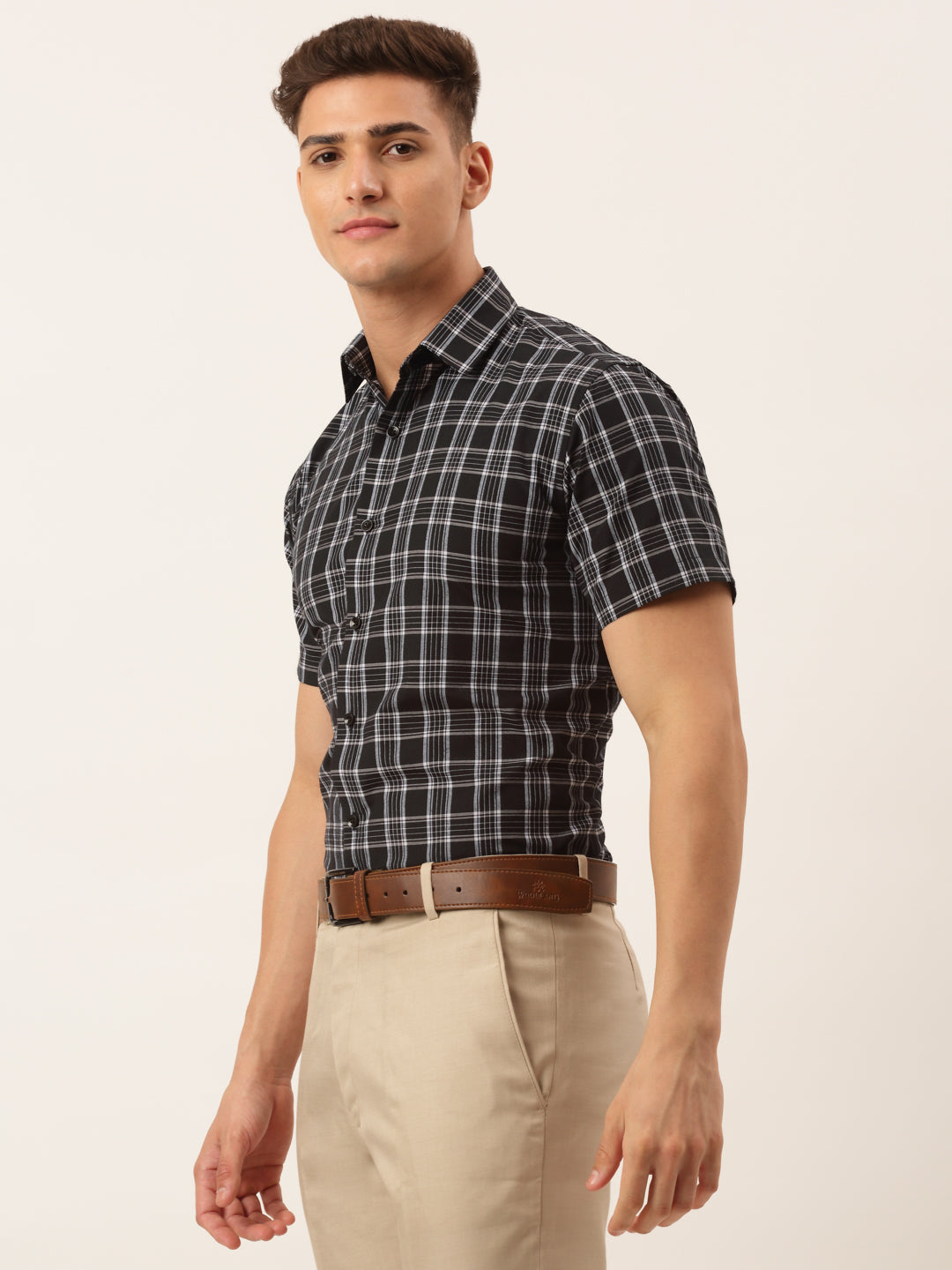 Jainish Men's Cotton Checked Half Sleeve Formal Shirts ( SF 808Black ) | Swadesiicart