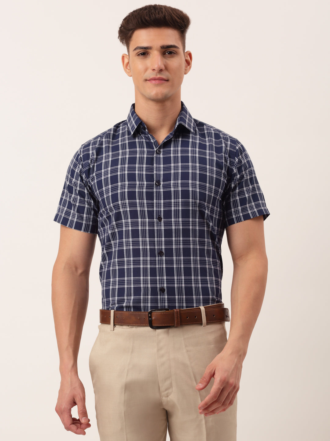 Jainish Men's Cotton Checked Half Sleeve Formal Shirts ( SF 808Blue ) | Swadesiicart
